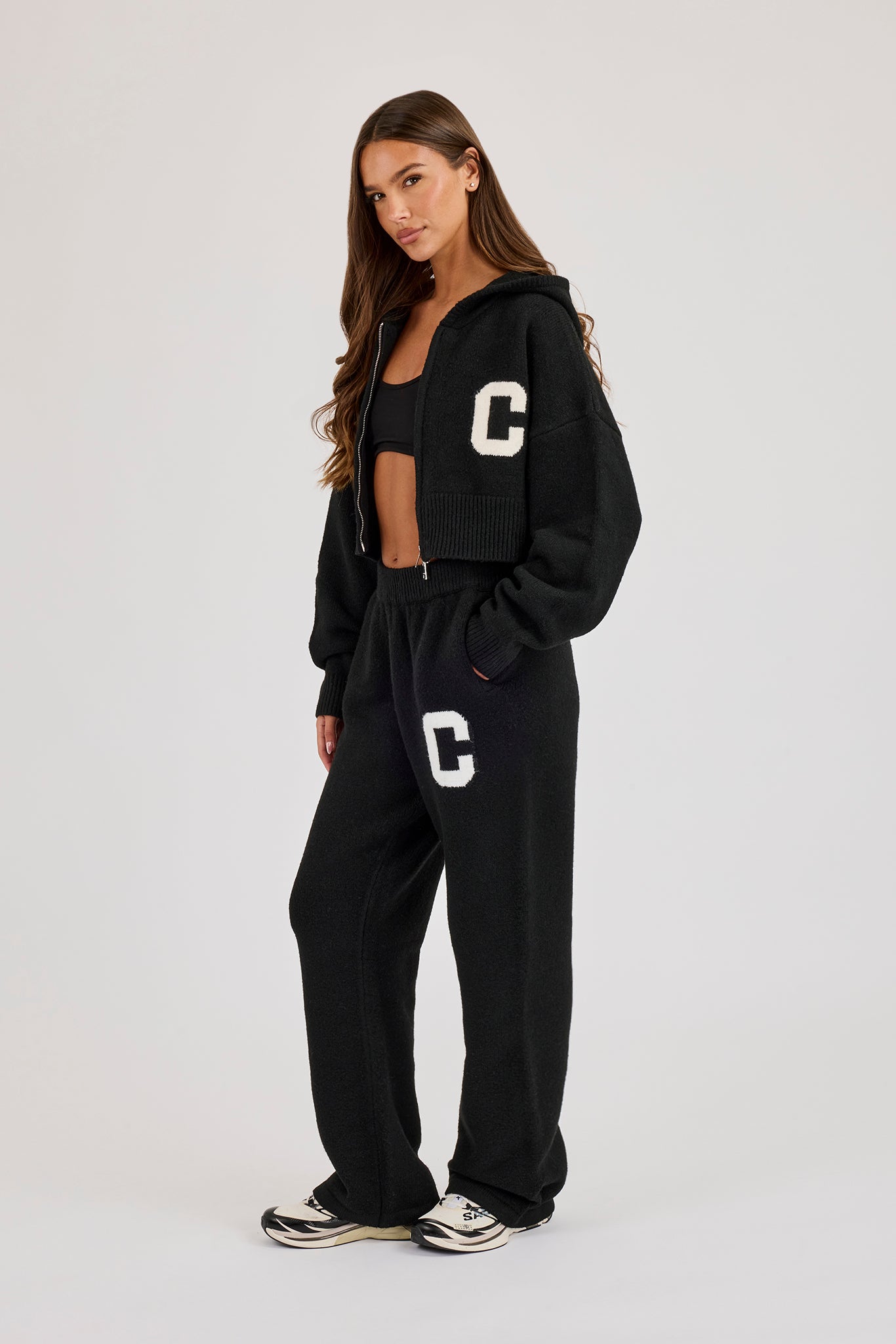 C Intarsia Cropped Zip Through Hoodie & Jogger - Black